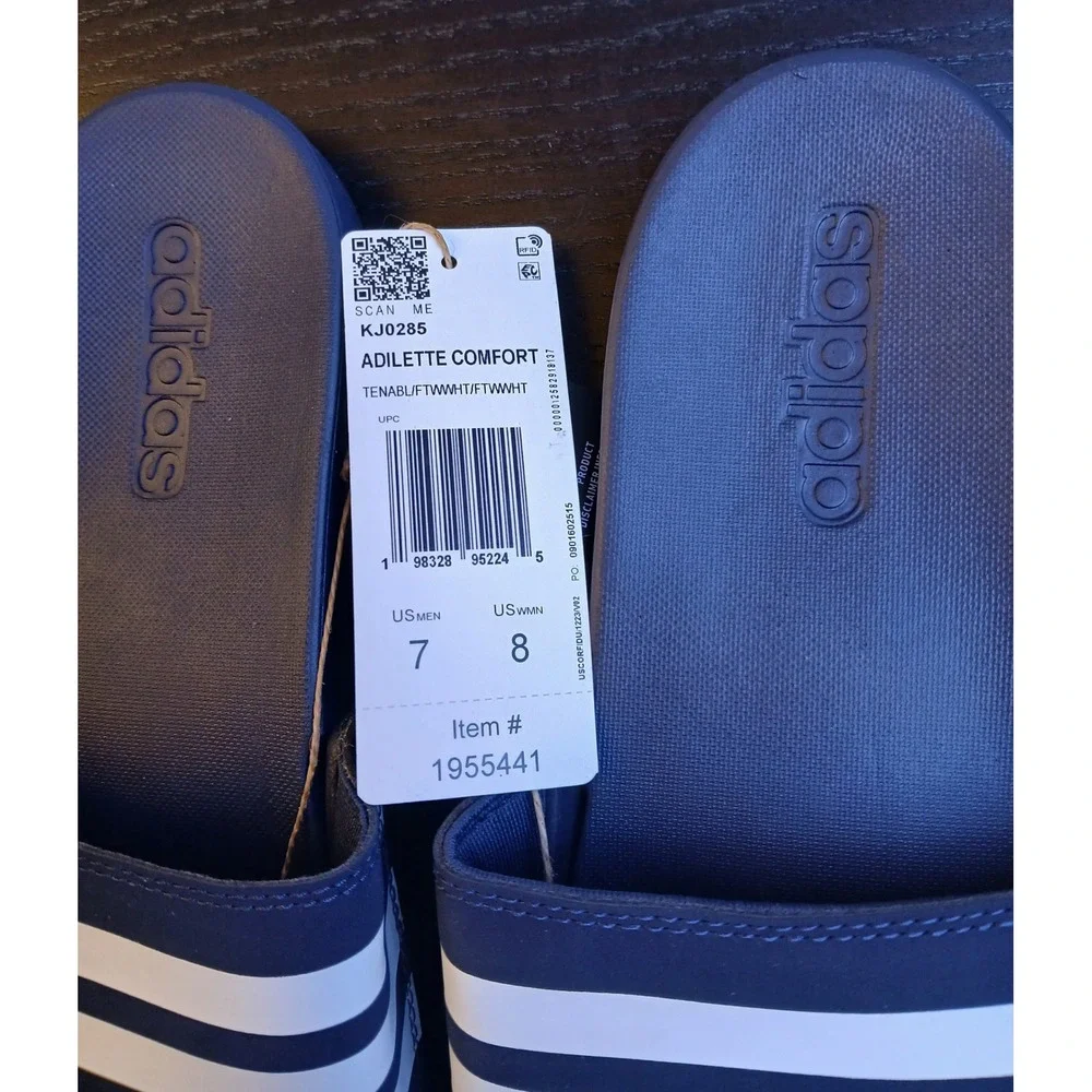 Adidas Adilette Comfort Slides Navy Blue White Mens 7 Womens 8 KJ0285 Sandal